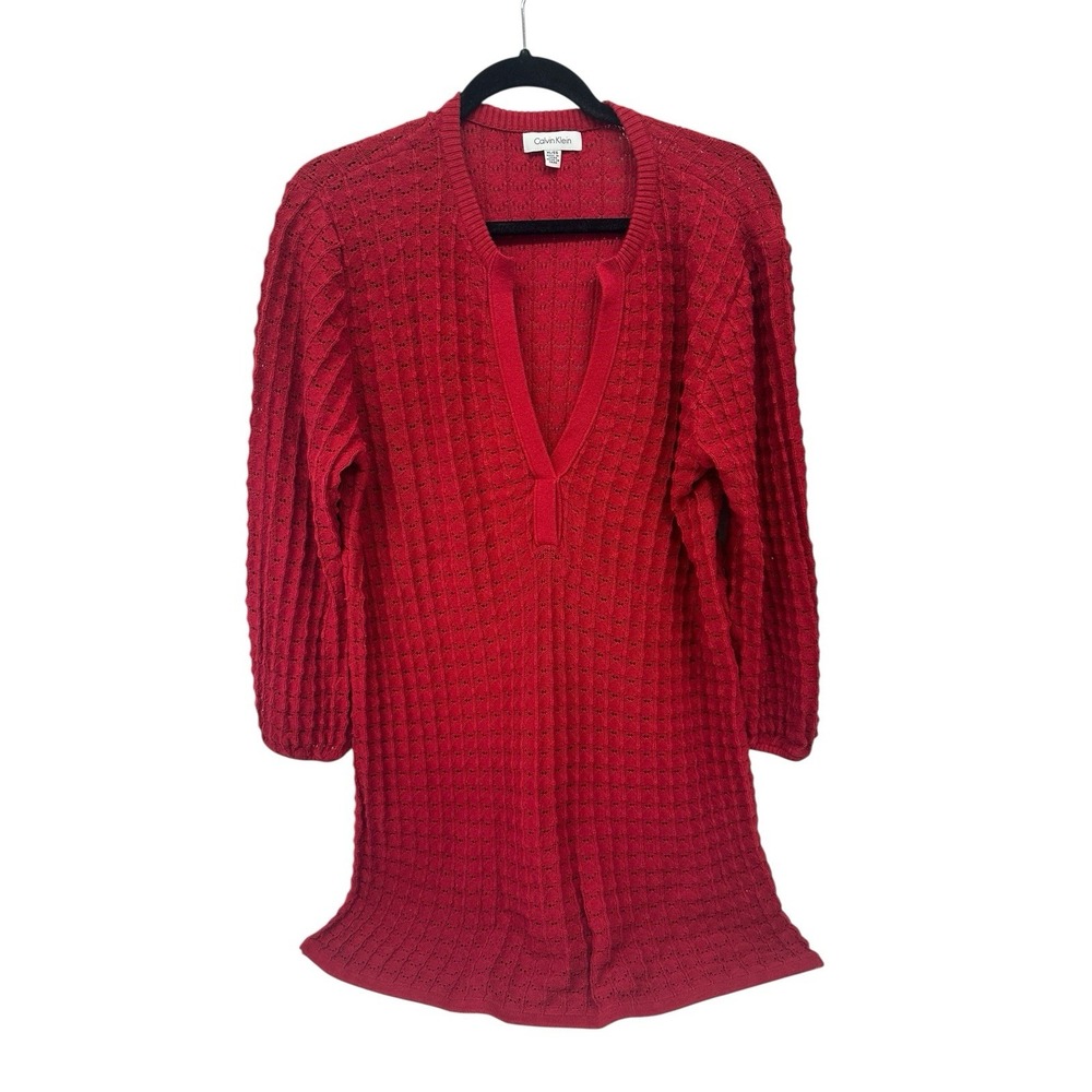 Calvin Klein Womens Red Knit Button Up V-Neck Classic Sweater Size XL VTG